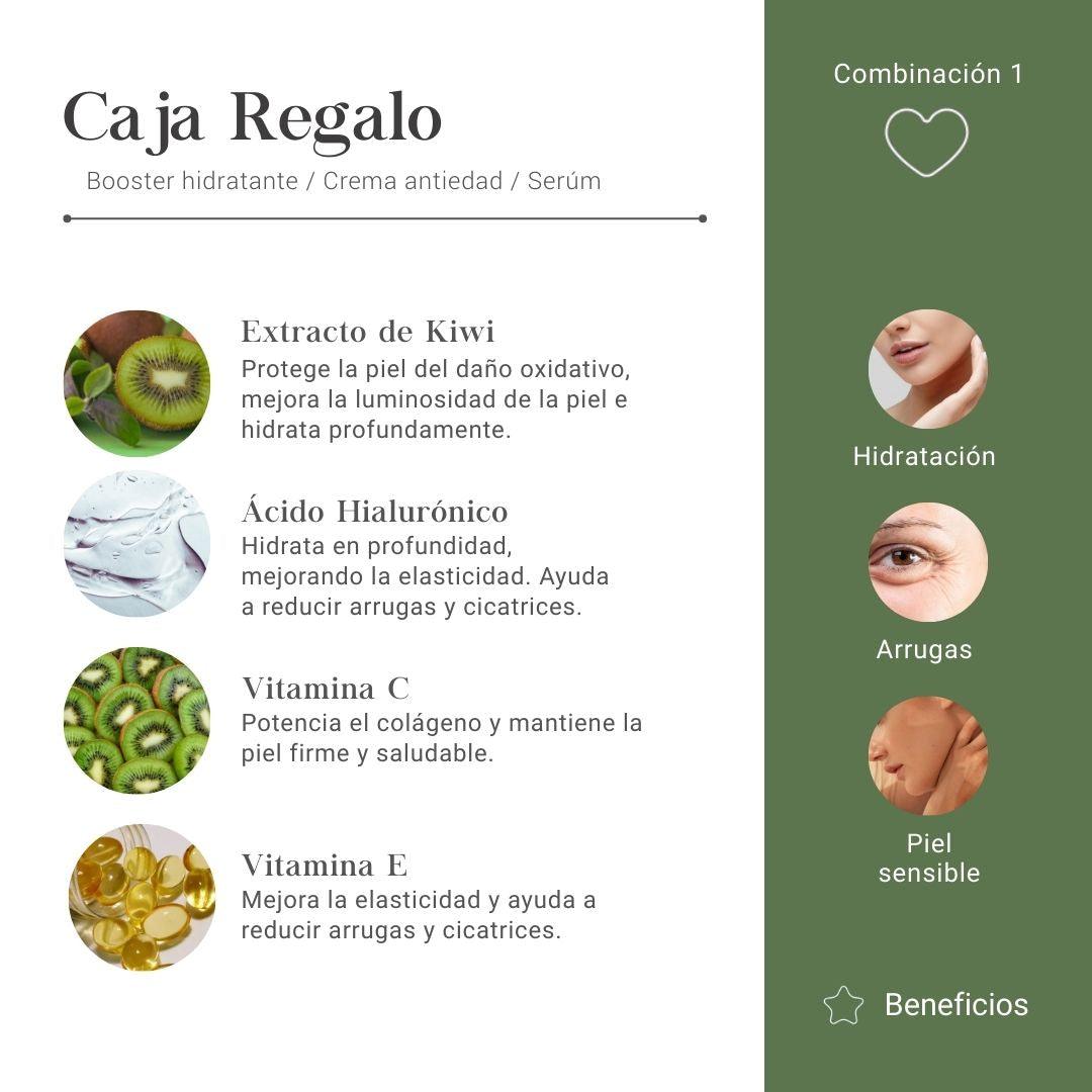Caja de Regalo con Booster Hidratante, Crema Antiedad y Serum con Extracto de Kiwi, Ácido Hialurónico, Vitamina C y E
