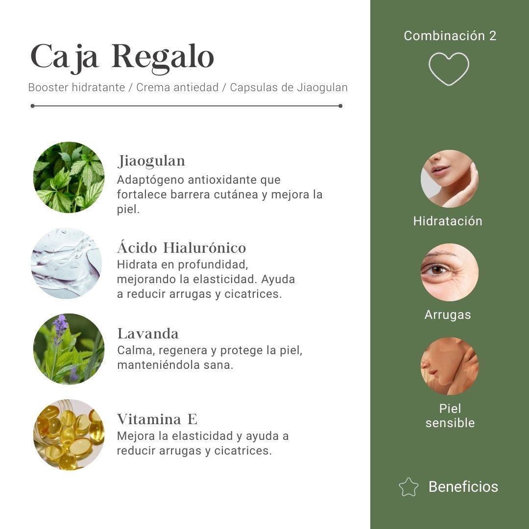 Caja de Regalo con Booster Hidratante, Crema Antiedad, Capsulas de Jiaogulan con Ácido Hialuronico, Lavanda y Vitamina E