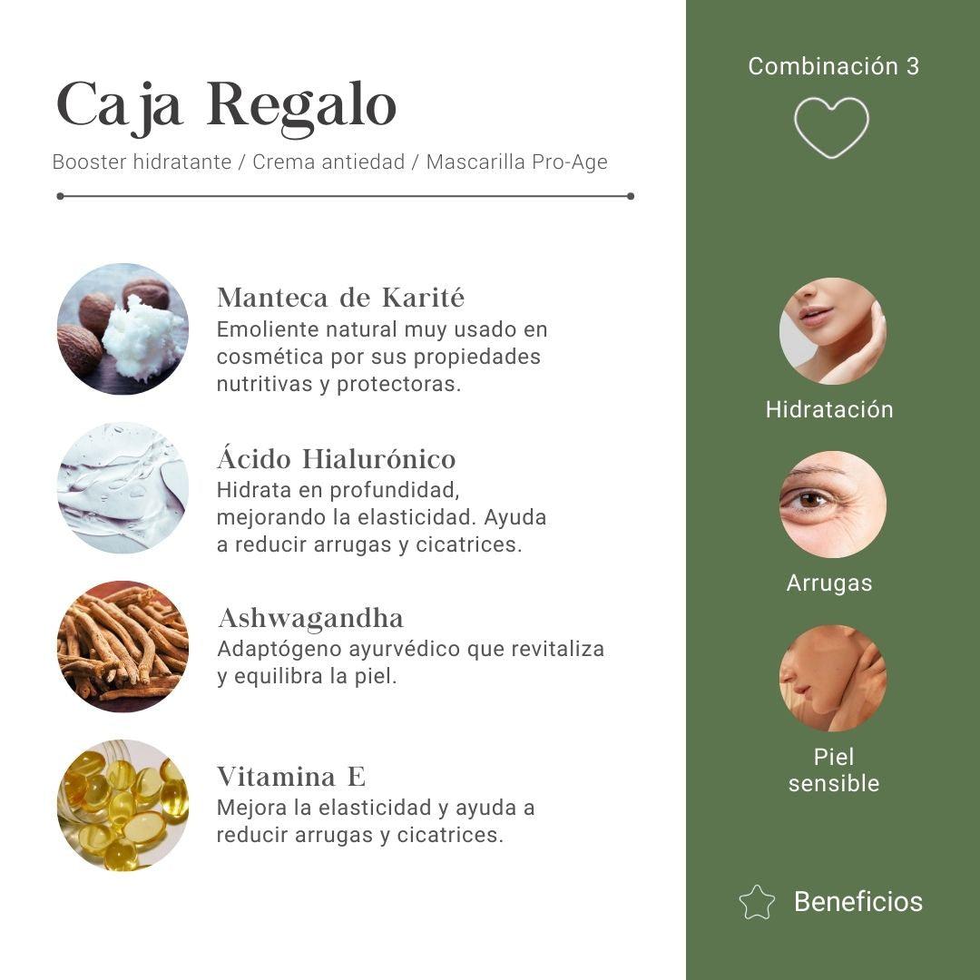 Caja de Regalo con Booster Hidratante, Crema Antiedad y Mascarilla Pro-Agre, hechas de Mantera de Karité, Ácido Hialurónico, Ashwagandha y Vitamina E