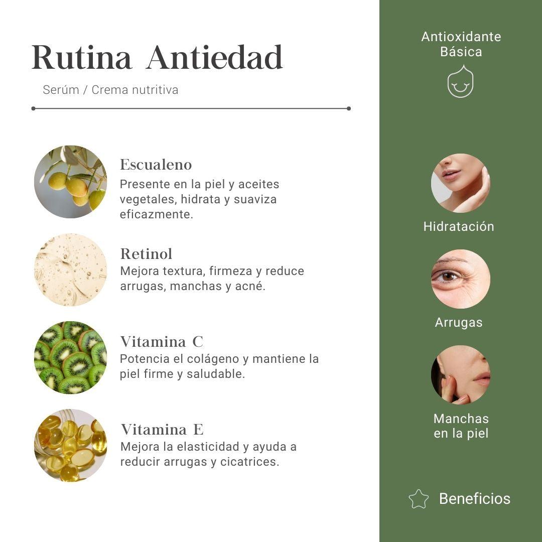 Rutina Antiedad Antioxidante Básica con Escualeno, Retinol, Vitamina C y Vitamina E