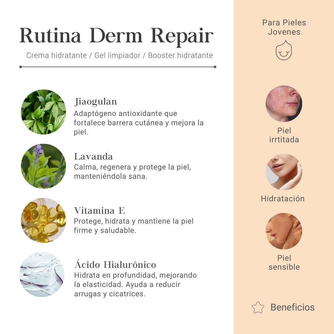 Rutina Derm Repair para Pieles jovenes con Crema Hidratante, Gel Limpiador y Booster Hidratante con Jiaogulan, Lavanda, Vitamina E y Ácido Hialurónico