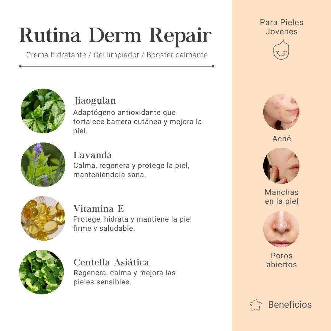 Rutina Derm Repair Para Pieles Jovenes: Crema Hidratante, Gel Limpiador y Booster Calmante